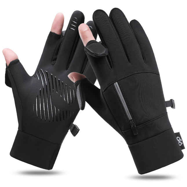 Winter Gloves Men's Q247 Autumn and Winter Outdoor Cycling Sports Anti-Slip Two-Finger Touch Screen Thickeneded Fishing Cycling Gloves