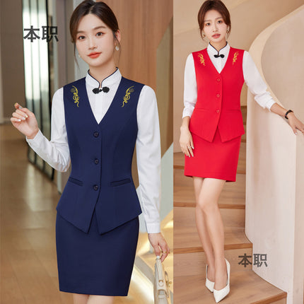 [Chinese-Style Reception] Front Desk Restaurant Waiter Work Uniform Professional Women's Vest Suit Spring and Autumn Suit