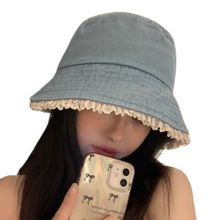 Cute Fisherman Hat Lace Denim Sunscreen Basin Hat Sense Sunshade College Style Face Small Bucket Hat Women