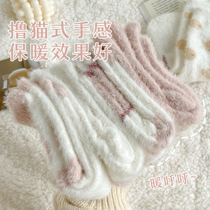 Mink velvet socks for women autumn and winter thickened warm cute home cartoon plush sleeping floor mid-calf confinement socks