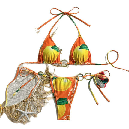 Bikini Three-Piece Swimsuit Vacation Style Sexy Printed Backless Halter Neck Tie Swimsuit Split Bikini Set