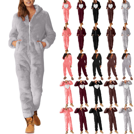 2022 Cross-border Europe and America Amazon Solid Color Thickened Double-sided Fleece Hooded Jumpsuit Casual Couple Home Wear