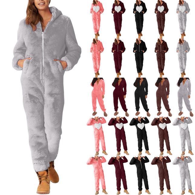 2022 Cross-border Europe and America Amazon Solid Color Thickened Double-sided Fleece Hooded Jumpsuit Casual Couple Home Wear