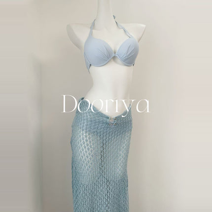Source manufacturers blue beautiful hot spring seaside vacation swimsuit new bikini swimsuit women's knitted long sleeve blouse