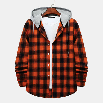 Cross-border Hooded Plaid Shirt Men's 2024 Foreign Trade Autumn Harajuku Style Plaid Hooded Shirt Men's Hong Kong Style Casual Shirt