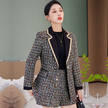 Green Patchwork Tweed Fragrance Waistline Winter Women's Dress Collar Plaid Sequin Single-breasted Jacket with Shorts