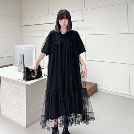 Yamamoto Dark Style Mesh Patchwork Dress for Women, New Spring/Summer Loose Fit, Slimming, Fashionable, Casual, Mid-Length Dress