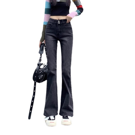 Black Grey Micro La Jeans Women's Autumn Trendy All-match New High Waist Slimming Slim-fit Trumpet Long Pants