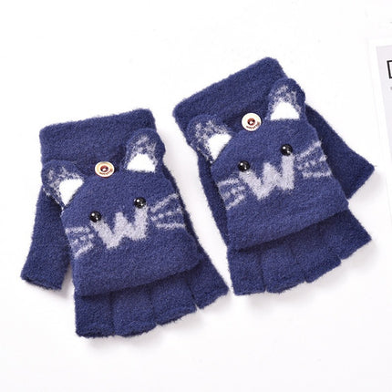 Cute Kitten Cartoon Knitted Children's Half-Finger Flip-Up Gloves, Thickened and Warm, Autumn and Winter Korean Style Student Cold-Proof Gloves