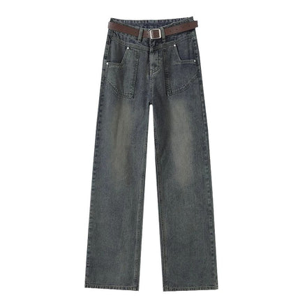 Cement Grey Straight Leg Jeans Women's Fashion All-match New American Style High Waist Slimming Loose Casual Wide Leg Pants