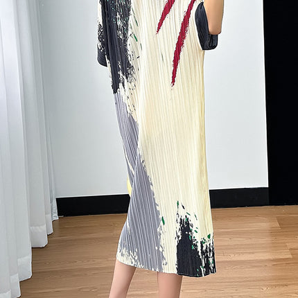 Miyake Simple Printed Casual Waist Loose Long Dress 2024 Summer Pleated Single-breasted New Women's dress