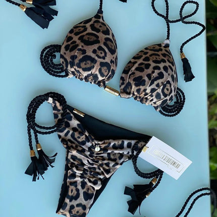 European and American 2025 Spot New Fashion Split Pure Color Bikini Bikini Swimsuit Sexy Lace-Up Halter Swimsuit