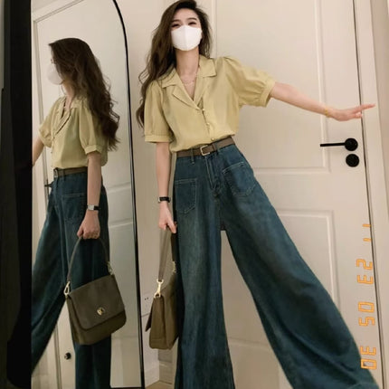 Small wide-leg jeans women's autumn high waist loose design straight plus size chubby girl loose mop pants