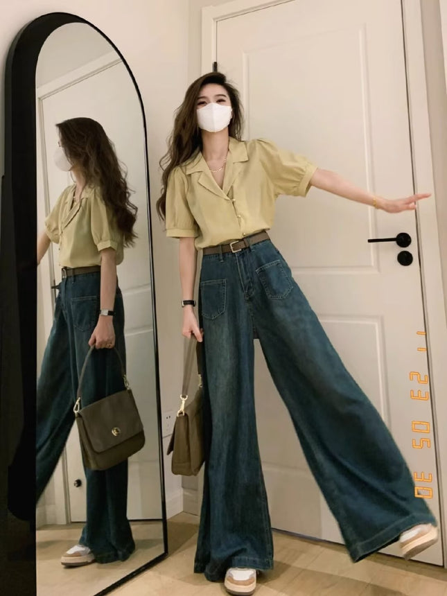 Small wide-leg jeans women's autumn high waist loose design straight plus size chubby girl loose mop pants