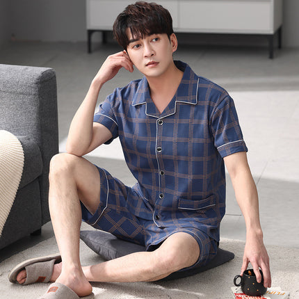 New Cotton Pajamas Men's Summer Short-sleeved Shorts Cardigan Lapel Home Clothes Summer Plus Size Loose Set