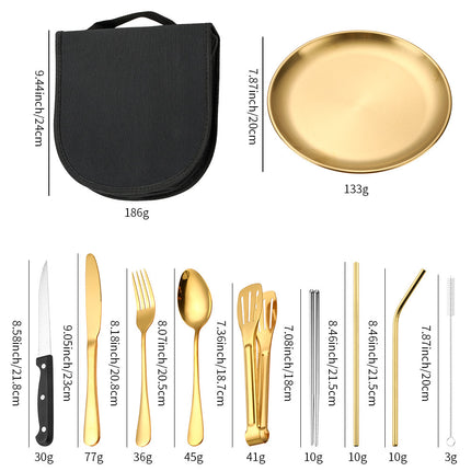 Amazon Outdoor Stainless Steel Tableware Steak Knife and Fork Spoon Barbecue Clip Plate 10-piece Travel Camping Set