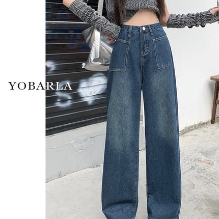 Blue-Gray Straight-Leg Loose Jeans 2025 New Women's Spring and Autumn Pear-Shaped Figure Slim Wide-Leg Pants