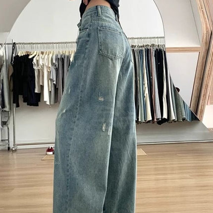 Washed-Out Denim Wide-Leg Pants for Women, High-Waisted, Plus-Size, Hip-Covering, Straight-Cut, Slimming, Floor-Length Trousers