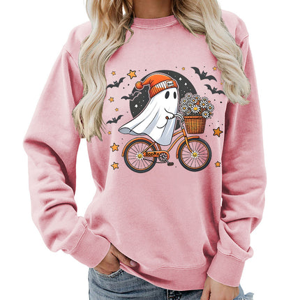 Amazon Source Ghost Riding a Bicycle Halloween Print Round Neck Women's Sweatshirt Casual Loose Fit
