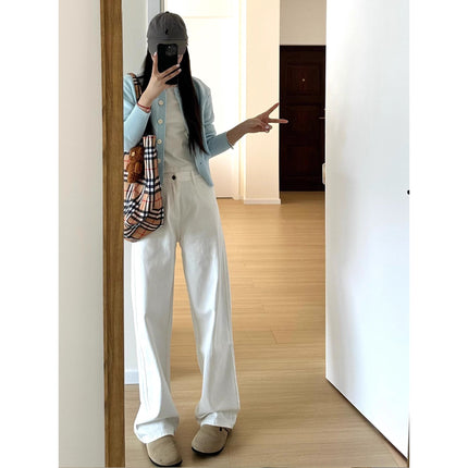 2025 New White High-Waisted Wide-Leg Jeans for Women Summer Casual Loose Slimming Straight Drape Floor-Length Pants