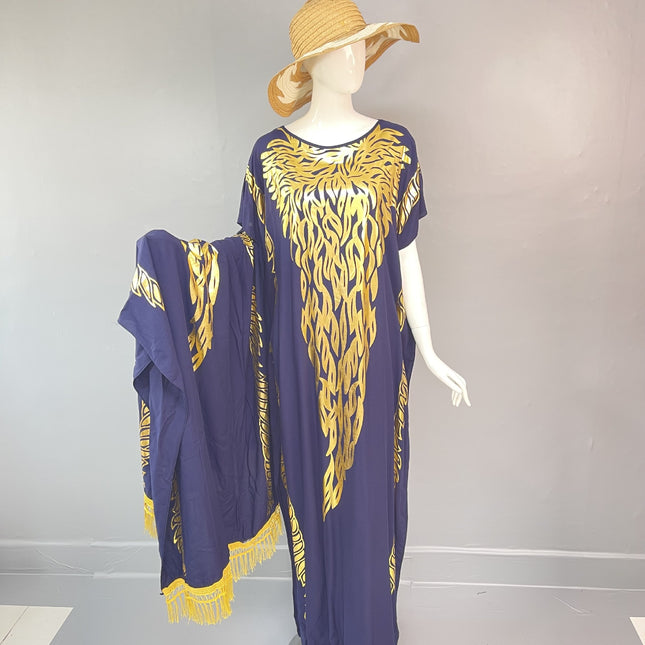 (In-Stock Cross-Border Exclusive) Popular African Robe Set with Rayon Gold-Stamped Large Headscarf, Loose Fit