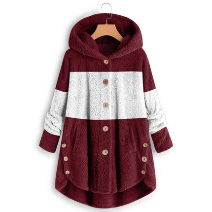 Amazon 2025 Autumn/Winter European and American Style Button-Up Hooded Cat Ear Plush Top Irregular Trendy Patchwork Jacket for Women