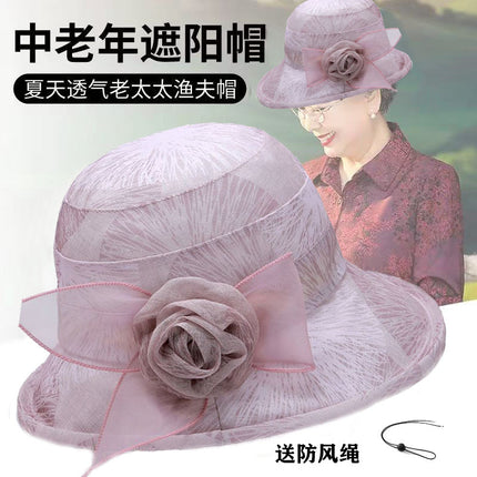 Korean Style Women's Summer Breathable Fisherman Hat, Middle-Aged and Elderly Mother's Hat, Organza Flower Pot Hat, Sun Protection Sun Hat
