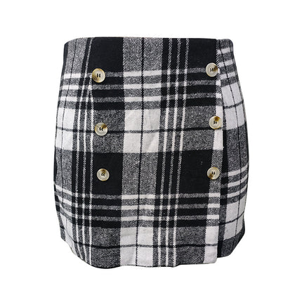 Amazon Cross-Border Autum Plaid Tight Mini Hip-Hugging Skirt 2025 Fashion Button Autum and Winter Skirt