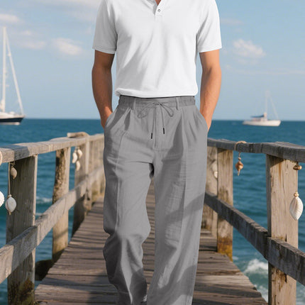 2025 European and American Independent Station Cross-Border New Men's Pure Color Drawstring Cotton and Linen Loose Casual Beach Casual Pants