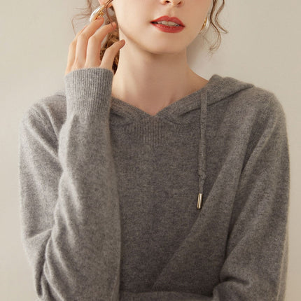 Light Luxury Solid Color 100% Pure Cashmere Hoodie for Women, Versatile for Commuting, Loose Knit Base Hoodie, Loose Fit