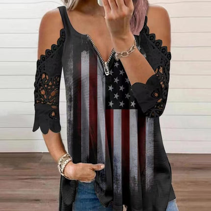 2025 Cross-Border New European and American Export Tops with Suspenders, Cut Out Lace Sleeves, Knitted Amazon Popular T-Shirts for Women