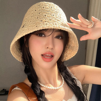 French Cut Out Woven Seaside Straw Hat for Women Summer Large Brim Sun Protection Hat Large Head Circumference Foldableable Fisherman Hat Trendy