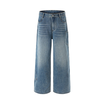 Jiamu Irregular Pocket Autumn/Winter American Baggy Jeans Unisex Loose Wide-Leg Straight Jeans for Men and Women