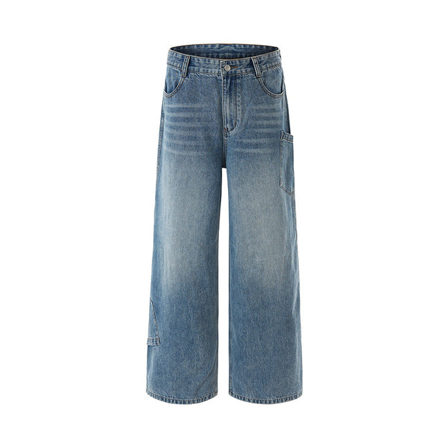 Jiamu Irregular Pocket Autumn/Winter American Baggy Jeans Unisex Loose Wide-Leg Straight Jeans for Men and Women
