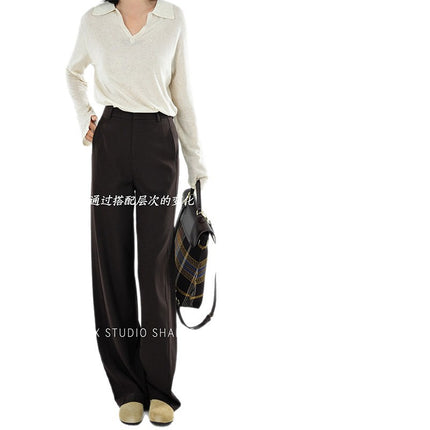 Casual Extended Version Tencel Wool Suit Pants for Women 2025 Autumn New Slimming Look Draped Work Clothing Navy Blue Straight Pants