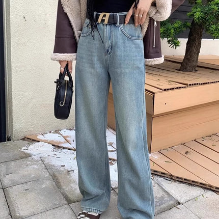 Stretch Straight Jeans Women's 2025 Spring New V Pattern High Waist Loose Slimming Wide Leg Floor Pants