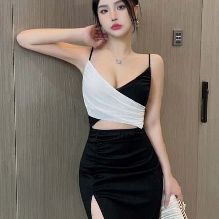 Hot girl style sexy women's mesh contrast color hollow low-cut sling dress night shop night club work clothes