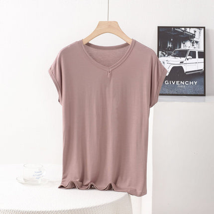 V-neck Modal Short-sleeved T-shirt Women's Summer Thin Loose plus size chubby girl 100.00kg Base Shirt Top Wide Shoulder Vest