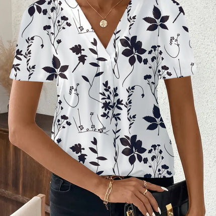 European and American Cross-Border 2025 Summer New Product Amazon Independent Station Temu Fashion Casual Printed V Neck Top T-Shirt Women's Clothing