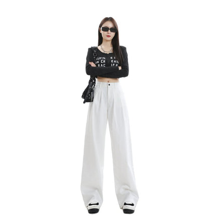 New Chinese Style Loose Jeans for Women in Autumn, New Hot Girl Pleated Design, Opaque White Drapey Floor-Length Wide-Leg Pants