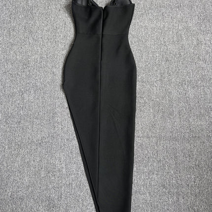 European and American Cross-border Trendy Brand Light Luxury Heavy Industry Nail Drill Bandage dress Hot Girl Sexy Sling Slip Split Small Black Dress