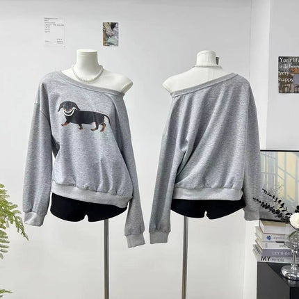 Yuxiao Xiaoyun's Same Style American Retro Pearl Dachshund Dog Slanted Shoulder Loose Casual Round Neck Printed Sweatshirt for Women