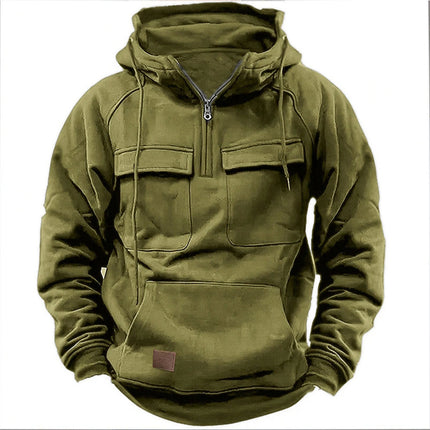 Cross-Border Men's Half-Zip Hooded Sweatshirt, Retro Workwear with Multiple Flap Pocket Pantss, Loose Casual Pullover Hoodie