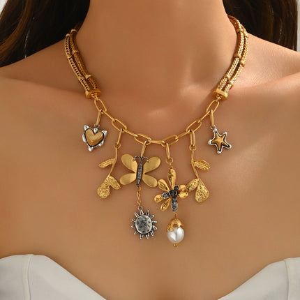 Cross-Border New Products European and American Style Fashion Butterfly Pearl Leaf Hu Flower Heart Chain Pendant Gold-Plated Wholesale Women
