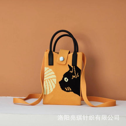 New Woven Simple Fashion Mobile Phone Bag Cute Cartoon Cat Knitted Bag Women's Small Square Bag Color Heart