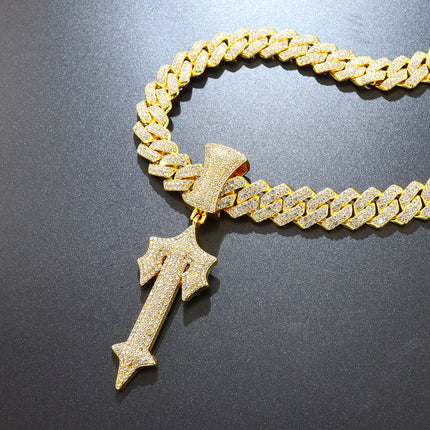 Cross-Border Large Sword Pendant Diamond-Studded Letter t Necklace European and American Hip-Hop Style Line Design