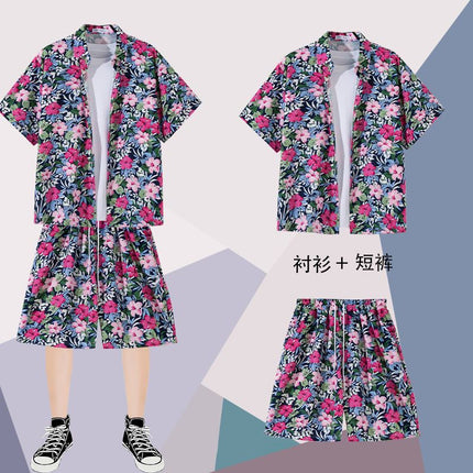 Summer thin short-sleeved floral shirt men's Hong Kong style retro Ruan Shuai Hawaiian seaside couple short-sleeved shorts two-piece set