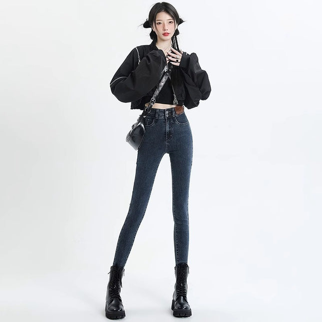 High Waist Leg Jeans Women's 2025 Trendy All-match New Slim-fit Flesh Covering Slimming Tight Pencil Pants
