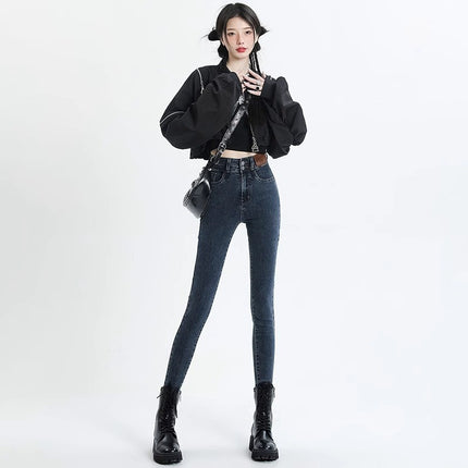High Waist Leg Jeans Women's 2025 Trendy All-match New Slim-fit Flesh Covering Slimming Tight Pencil Pants