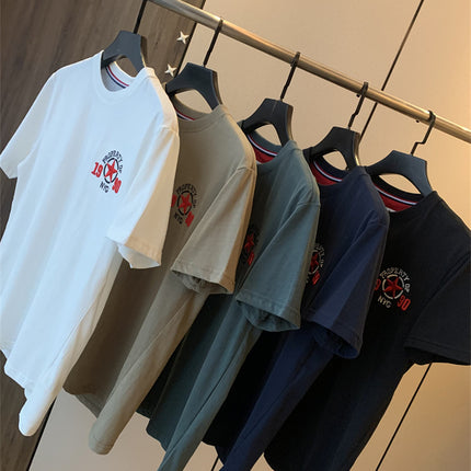 Us Orders! Brushed Long-Staple Cotton! Summer Men's Versatile Casual Short-Sleeve T-Shirt with Five-Pointed Star Embroidery, Breathable